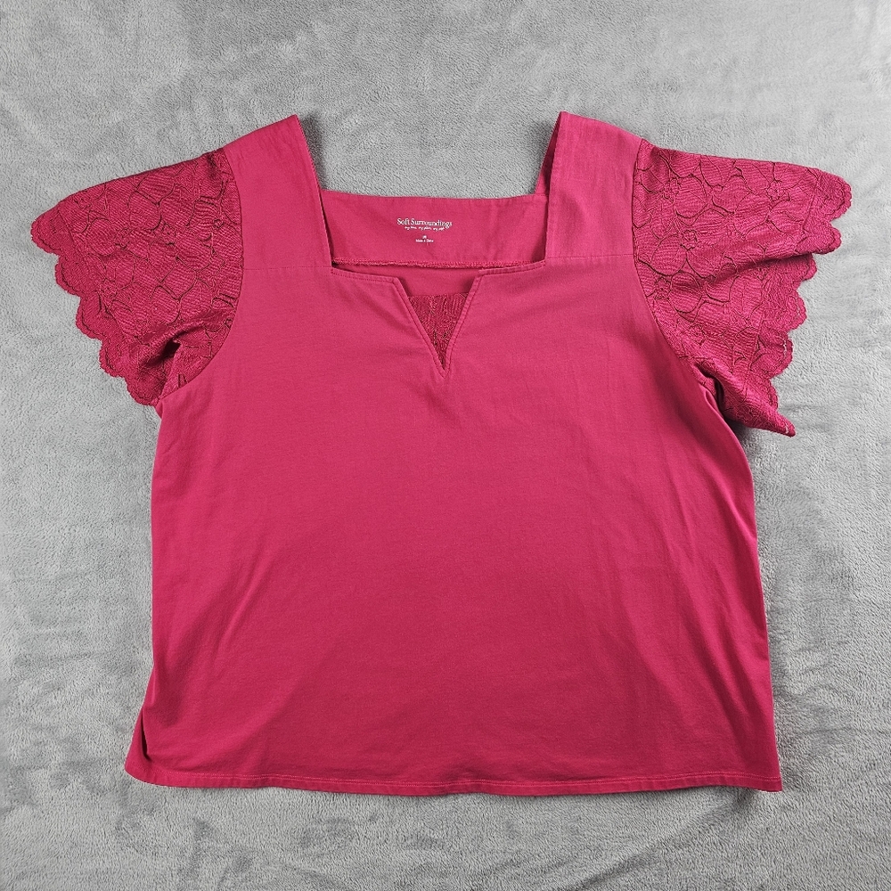 SOFT SURROUNDINGS Hot Pink Square Neck Lace Sleeves Top Blouse Plus Size 3X